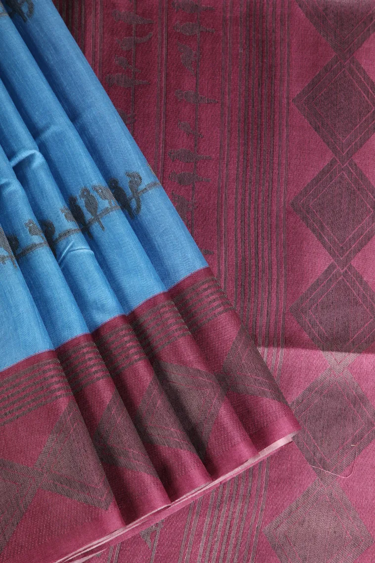 Cerulean Blue Jute Sarees with Antic Zari Birds Mottif view 1