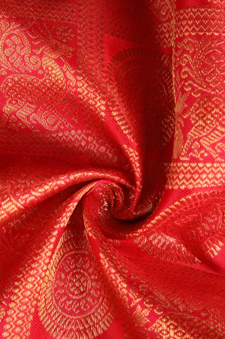 Rose Red Kanchipuram Silk Sarees with Gold Zari Animal Mottif view 4