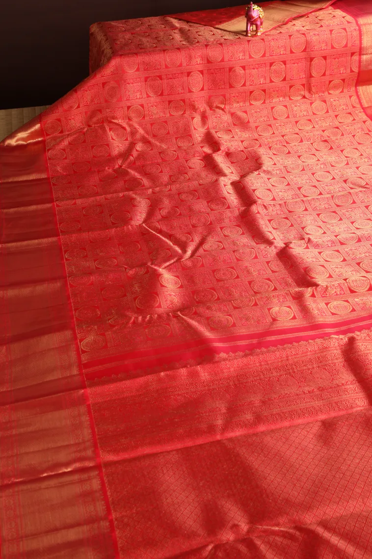 Rose Red Kanchipuram Silk Sarees with Gold Zari Animal Mottif view 2