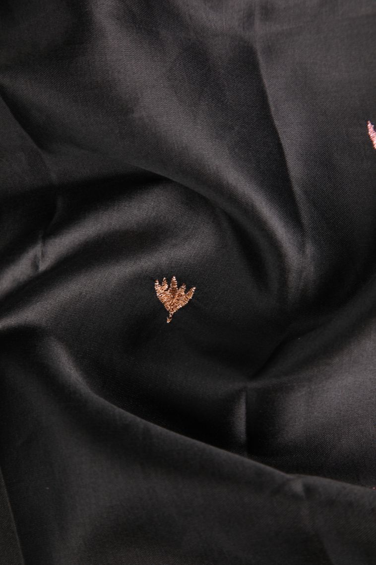 Jungle Black Raw Silk Sarees Without Zari with Floral Puttas Embroidary view 4
