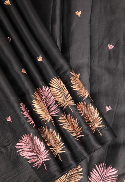 Jungle Black Raw Silk Sarees Without Zari with Floral Puttas Embroidary