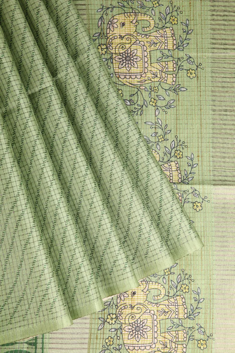 Cream White Tussar Saree Without Zari With Animal Mottif