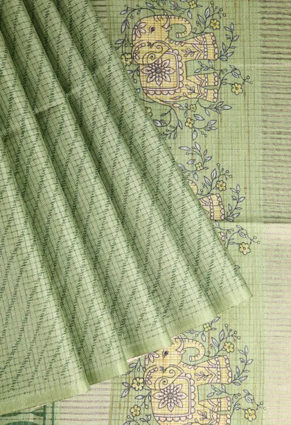 Cream White Tussar Saree Without Zari With Animal Mottif