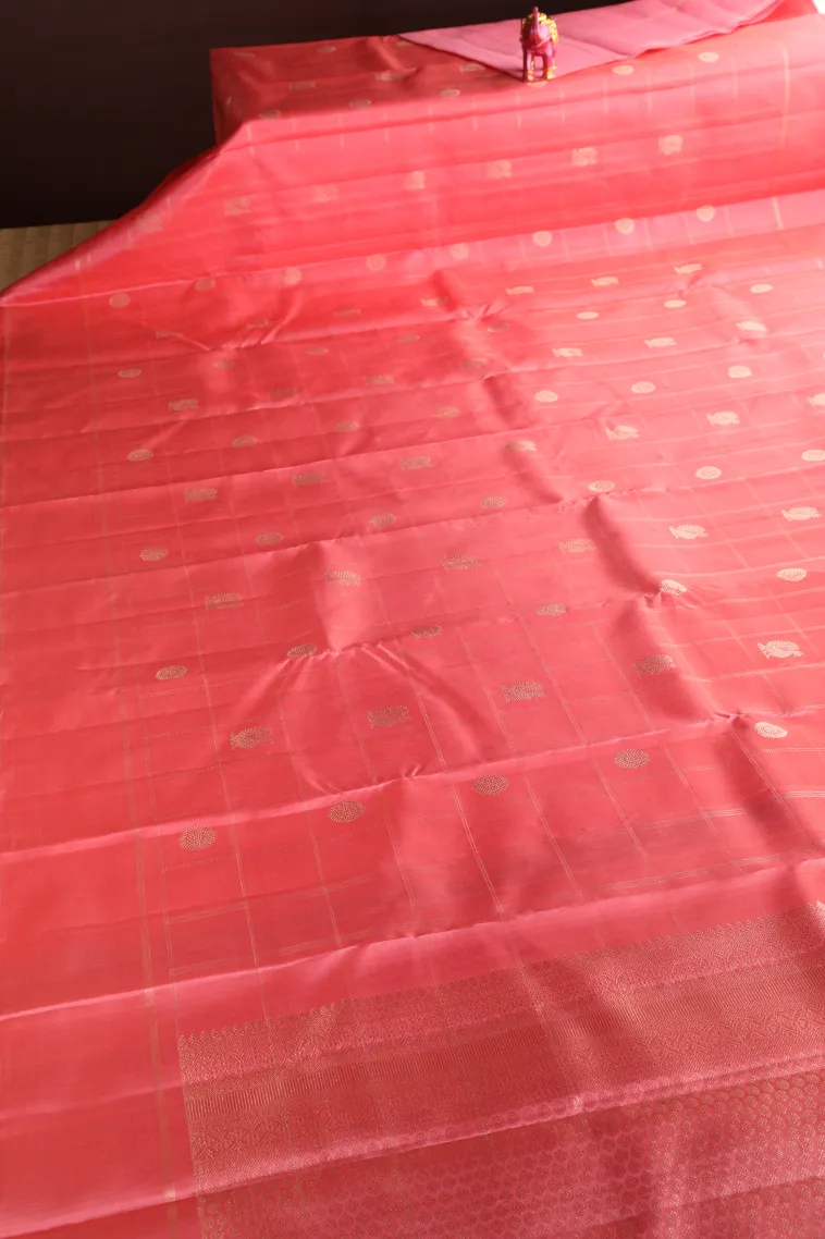 Strawberry Pink Kanchipuram Silk Sarees with Gold Zari Checks And Puttas view 2