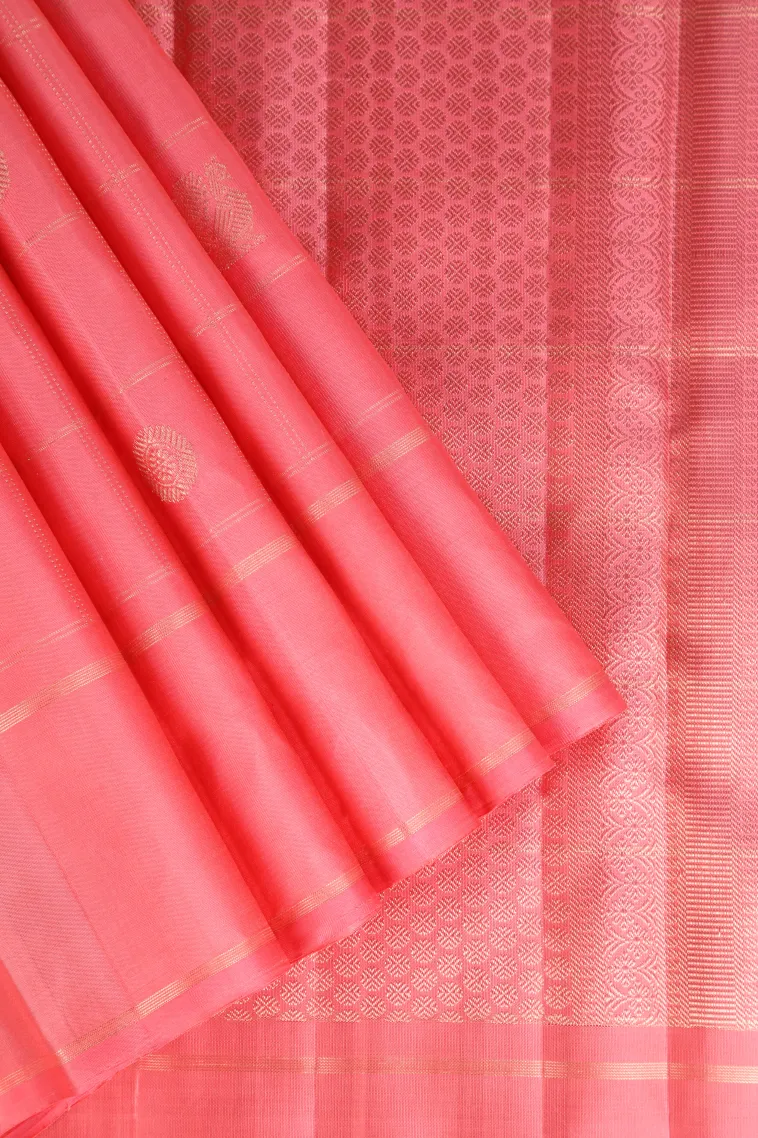 Strawberry Pink Kanchipuram Silk Sarees with Gold Zari Checks And Puttas