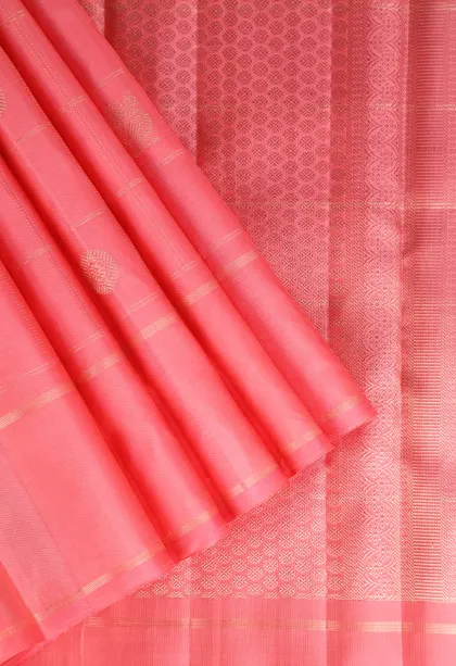 Strawberry Pink Kanchipuram Silk Sarees with Gold Zari Checks And Puttas