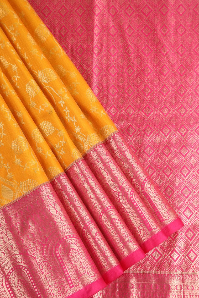 Mango Yello Apoorva Silk Sarees with Copper Zari Floral Patterns