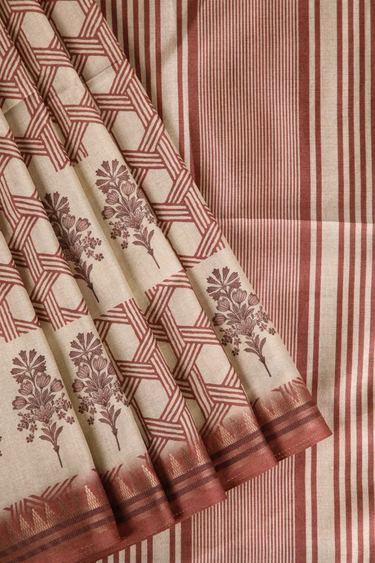 Apple Red Semi Raw Silk Printed Without Zari With Geometric Shapes