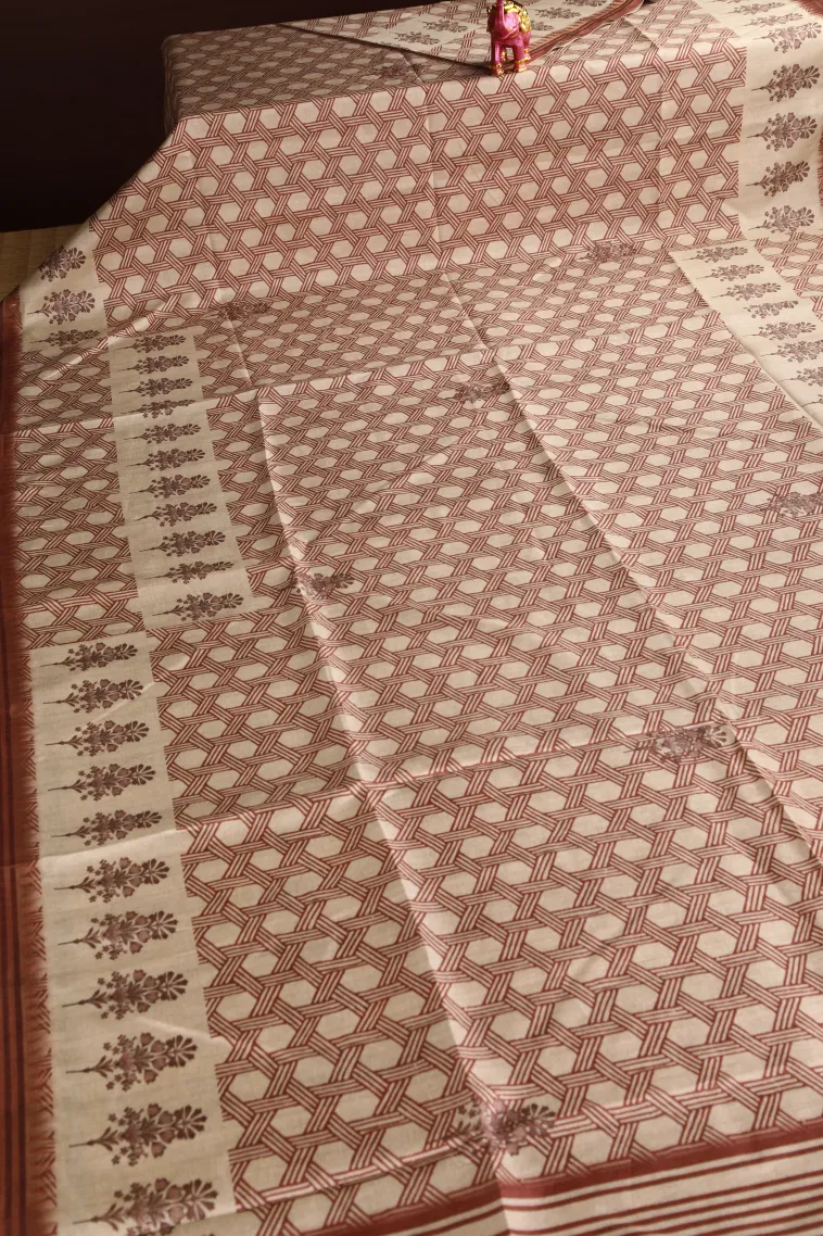 Apple Red Semi Raw Silk Printed Without Zari With Geometric Shapes view 2