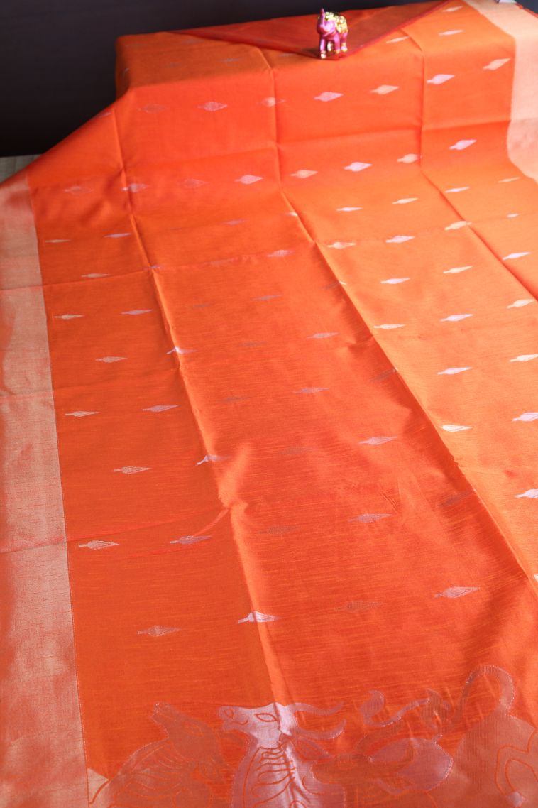 Carrot Orange Raw Silk Sarees with Copper Zari Puttas view 2