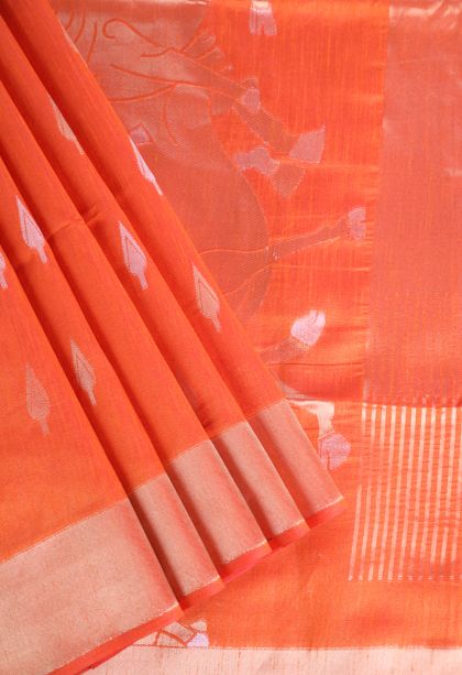 Carrot Orange Raw Silk Sarees with Copper Zari Puttas