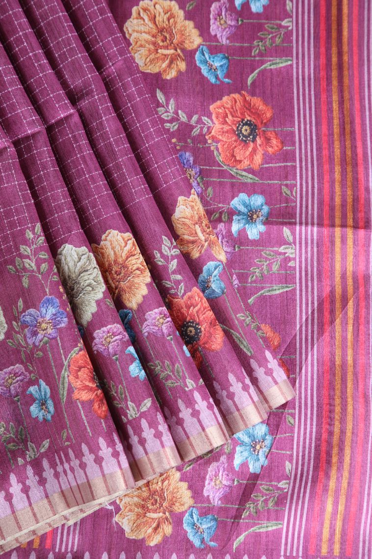 Rose Pink Raw Silk Sarees Without Zari With Checks