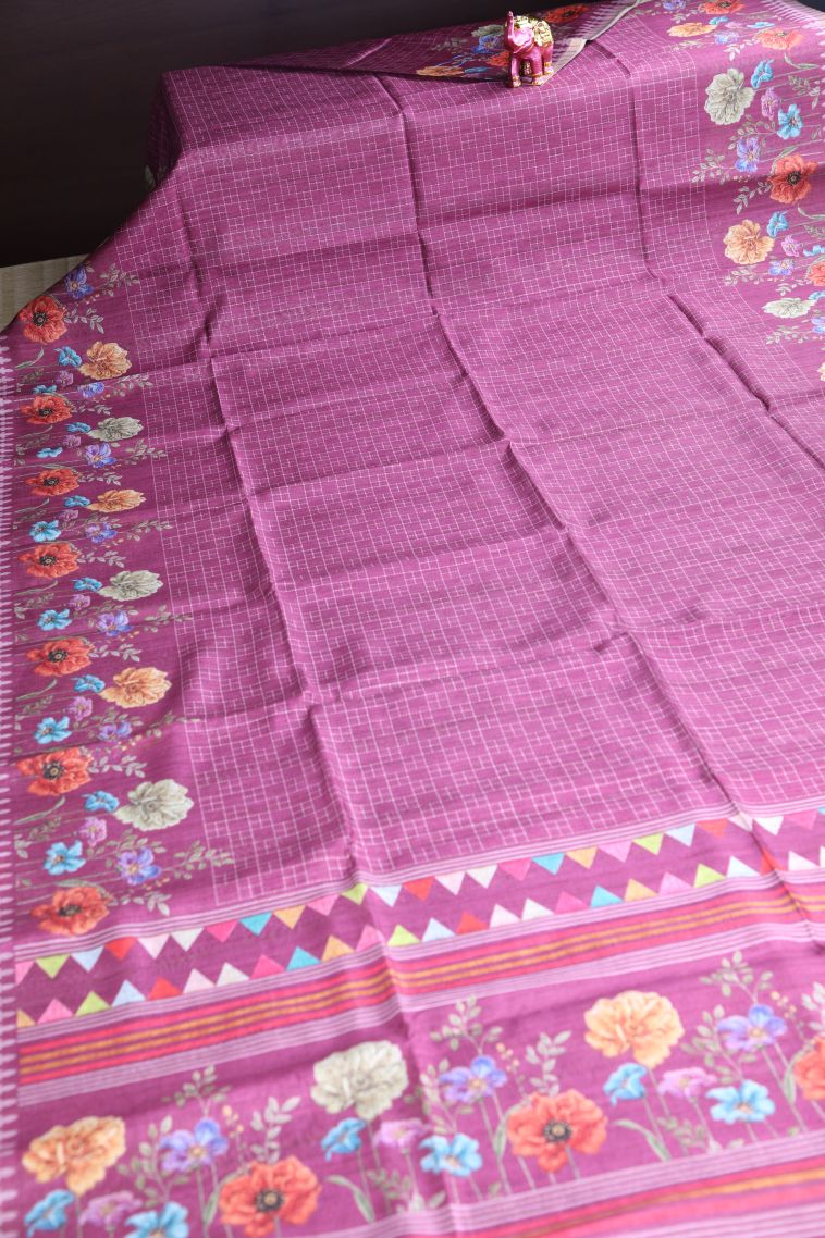 Rose Pink Raw Silk Sarees Without Zari With Checks view 2