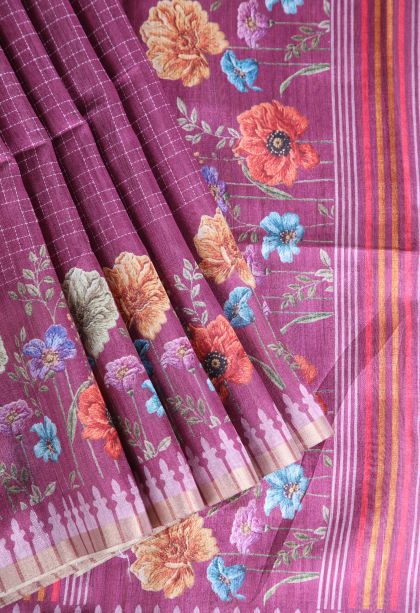 Rose Pink Raw Silk Sarees Without Zari With Checks