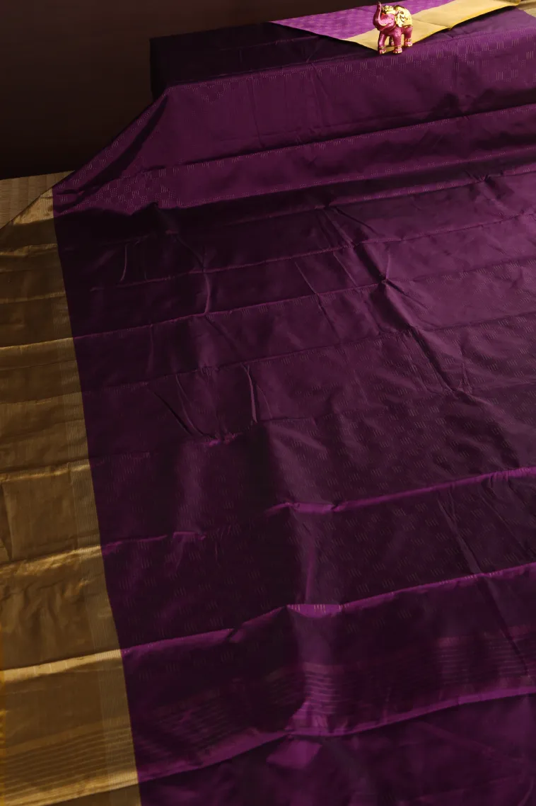 Magenta Purple Arani Silk Sarees with Gold Zari Horizontal Model view 2