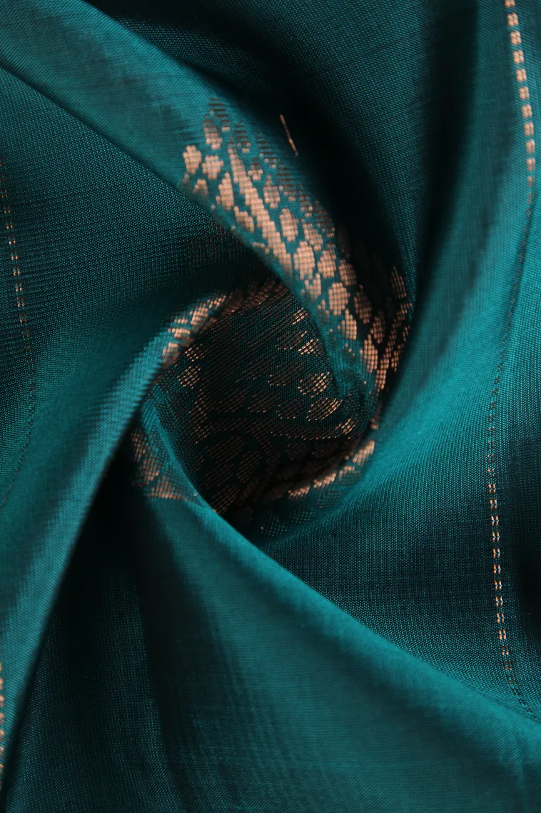 Ocean Blue Soft Silk Saree with Copper Zari Straipes And Puttas view 4