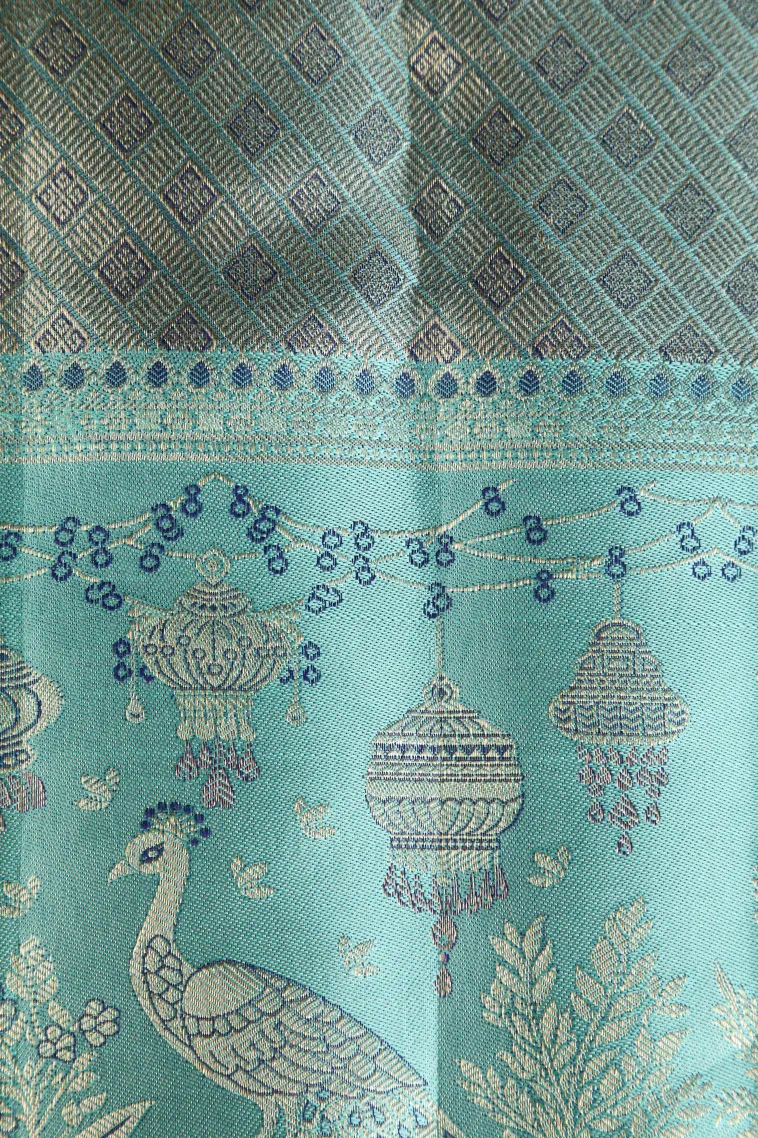 Azure Blue Kanchipuram Silk Sarees with Gold Zari Floral Patterns view 3