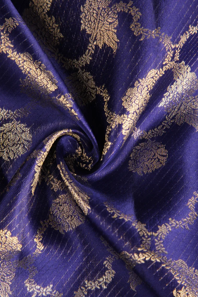 Azure Blue Kanchipuram Silk Sarees with Gold Zari Floral Patterns view 4