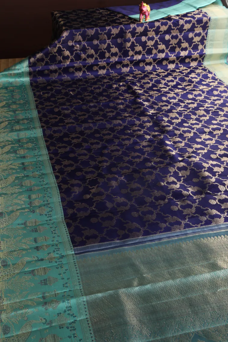 Azure Blue Kanchipuram Silk Sarees with Gold Zari Floral Patterns view 2