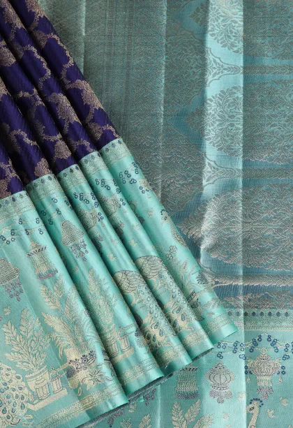 Azure Blue Kanchipuram Silk Sarees with Gold Zari Floral Patterns