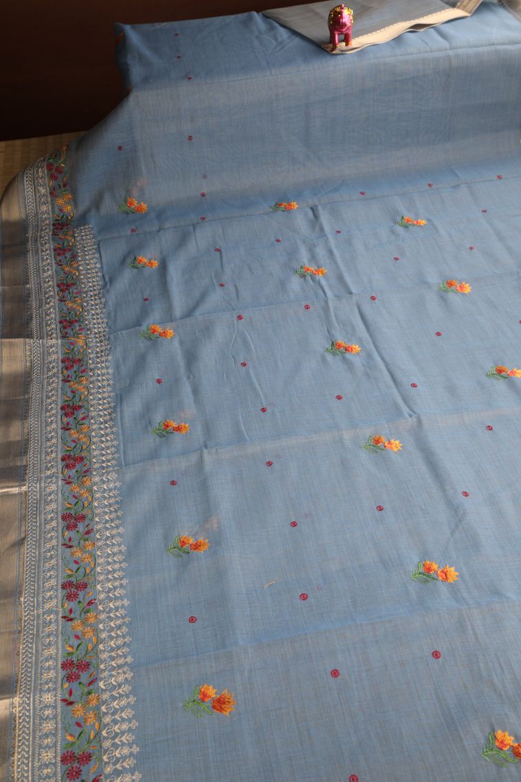 Stone Blue Chanderi Cotton Sarees Gold Zari with Floral Puttas Embroidary view 2