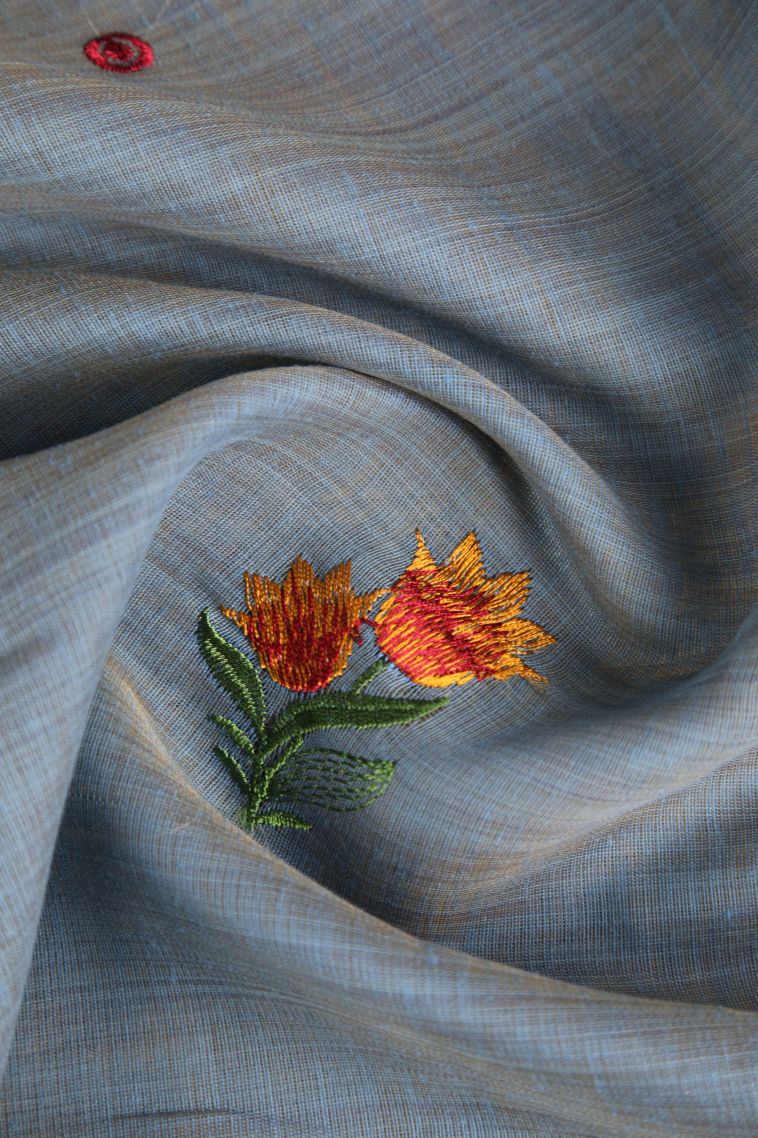 Stone Blue Chanderi Cotton Sarees Gold Zari with Floral Puttas Embroidary view 4