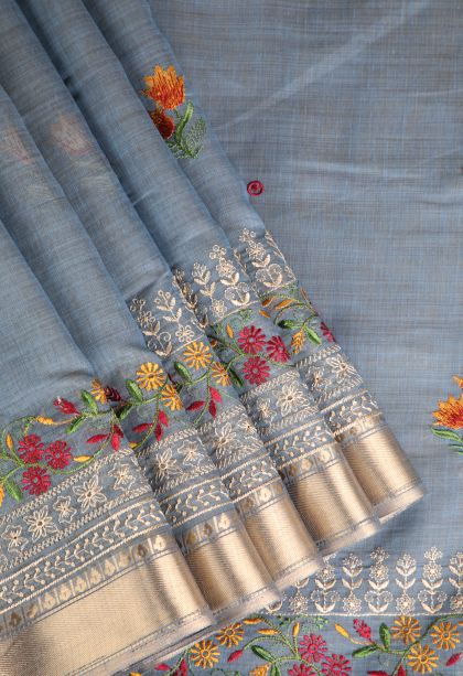 Stone Blue Chanderi Cotton Sarees Gold Zari with Floral Puttas Embroidary