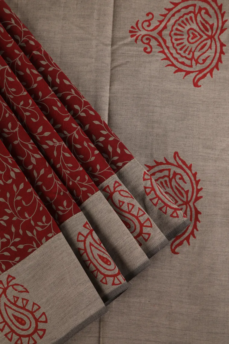 Berry Red Poly Cotton Sarees Without Zari With Floral Patterns view 1