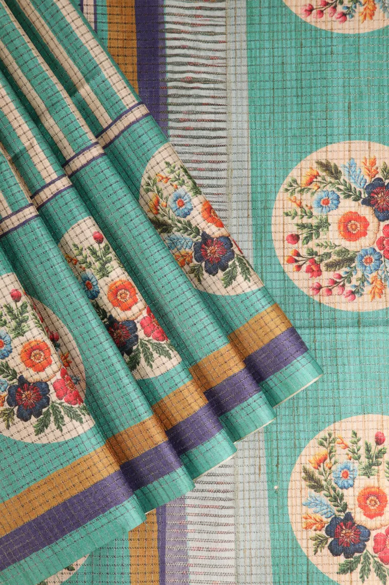 Teal Blue Tussar Saree Without Zari With Stripes