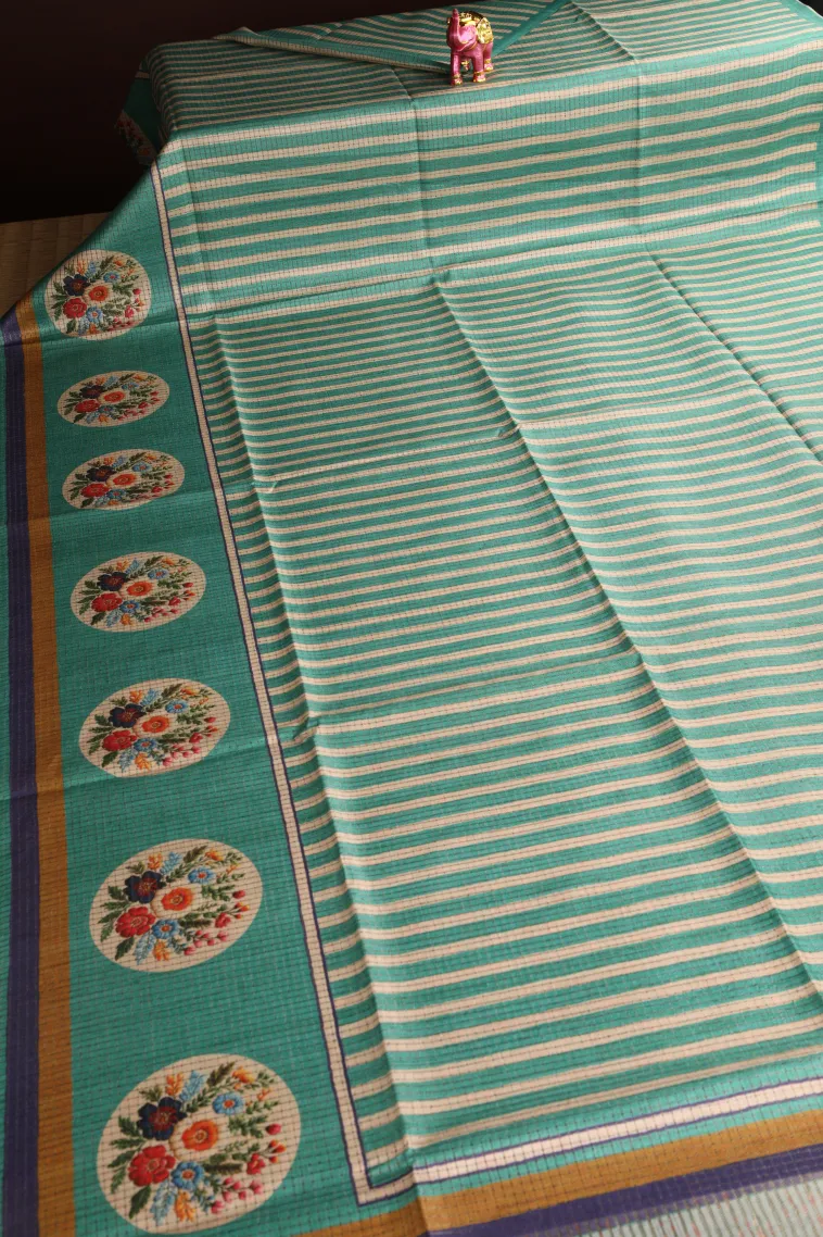 Teal Blue Tussar Saree Without Zari With Stripes view 2
