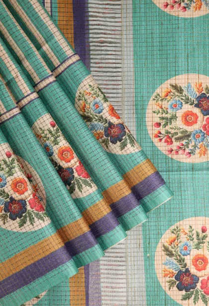 Teal Blue Tussar Saree Without Zari With Stripes