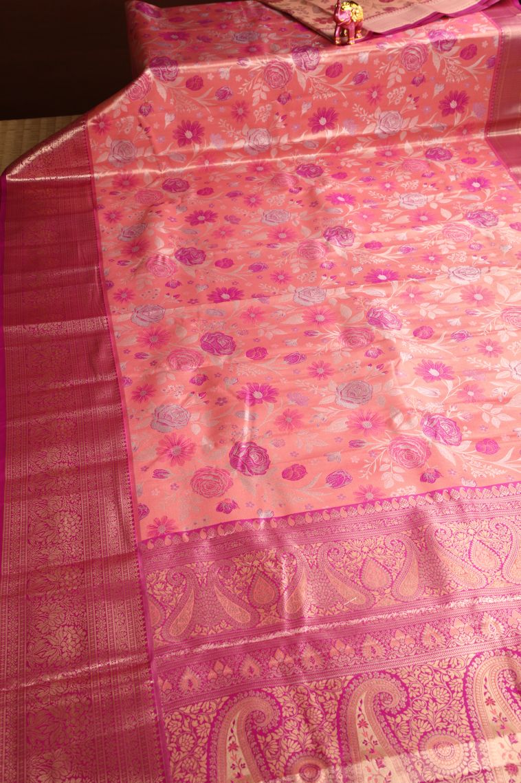 Rouge Pink Apoorva Silk Sarees with Copper Zari Floral Patterns view 2