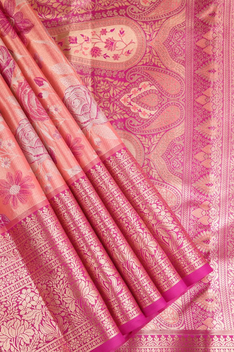 Rouge Pink Apoorva Silk Sarees with Copper Zari Floral Patterns