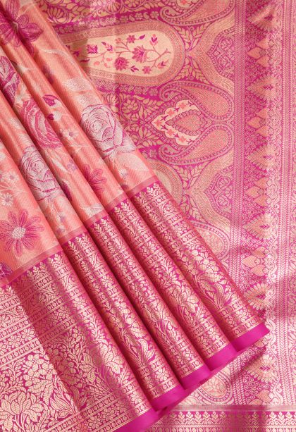Rouge Pink Apoorva Silk Sarees with Copper Zari Floral Patterns