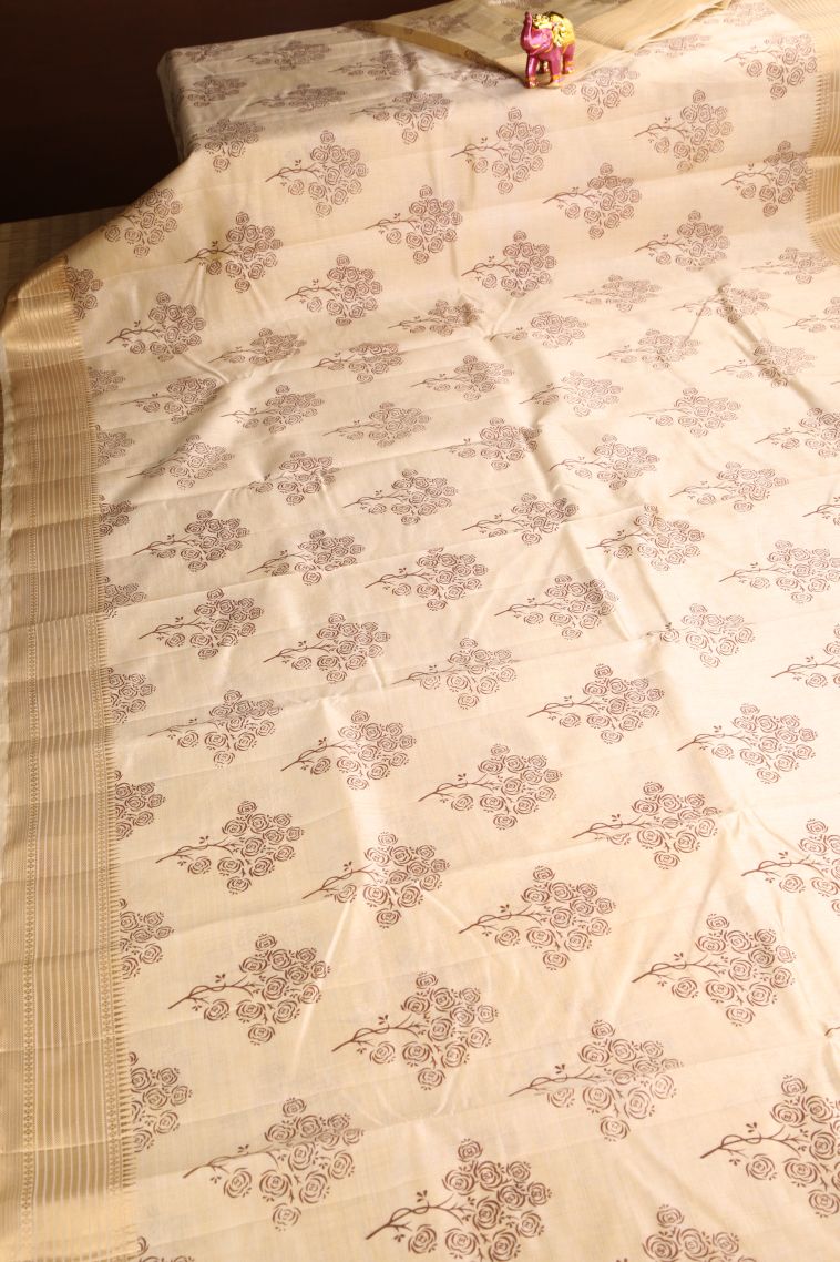 Vanilla Custard Yellow Semi Raw Silk Printed Gold Zari with Floral Patterns view 2