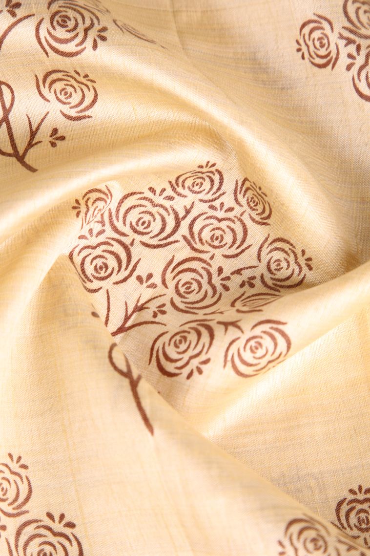 Vanilla Custard Yellow Semi Raw Silk Printed Gold Zari with Floral Patterns view 4