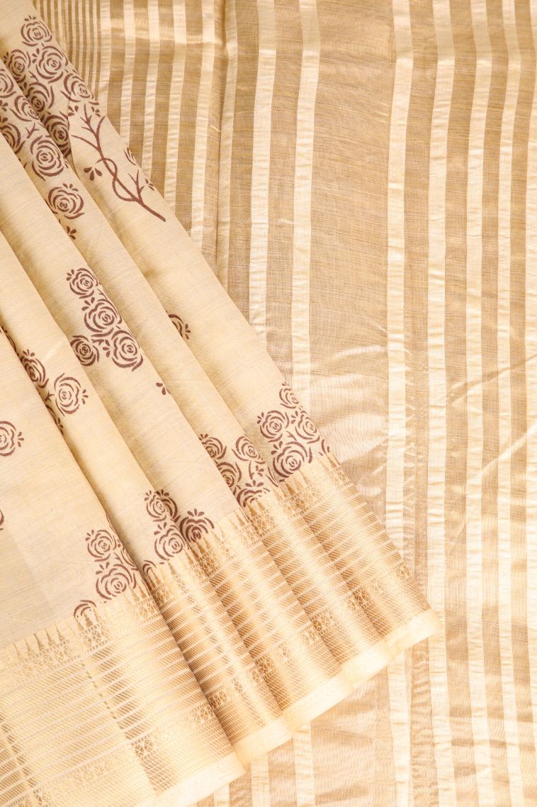 Vanilla Custard Yellow Semi Raw Silk Printed Gold Zari with Floral Patterns
