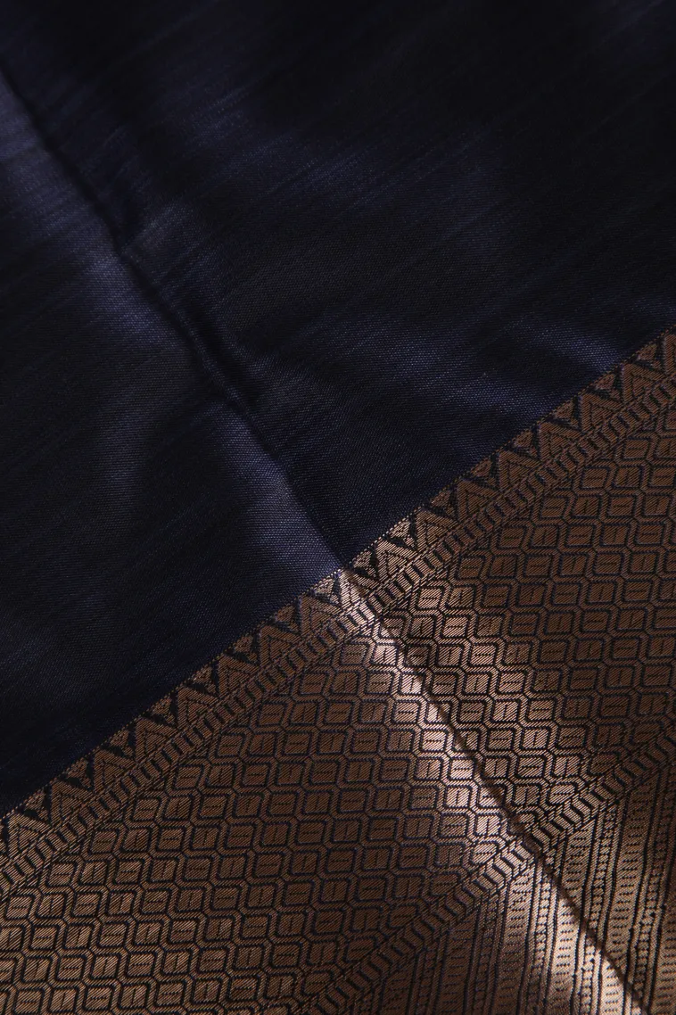 Indigo Blue Soft Silk Sarees with Bronze Zari Floral Patterns view 3