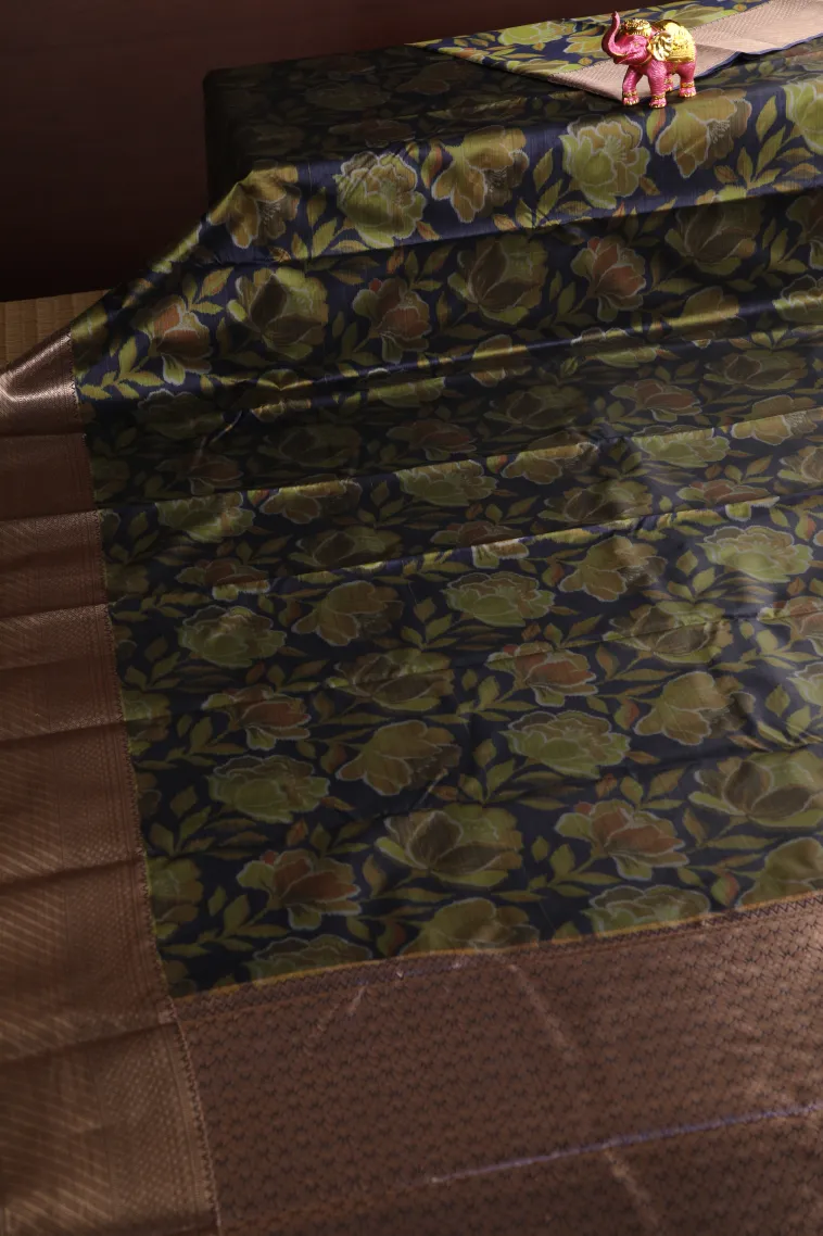 Indigo Blue Soft Silk Sarees with Bronze Zari Floral Patterns view 2