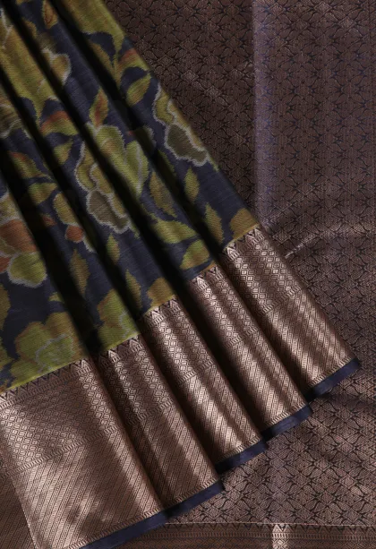 Indigo Blue Soft Silk Sarees with Bronze Zari Floral Patterns