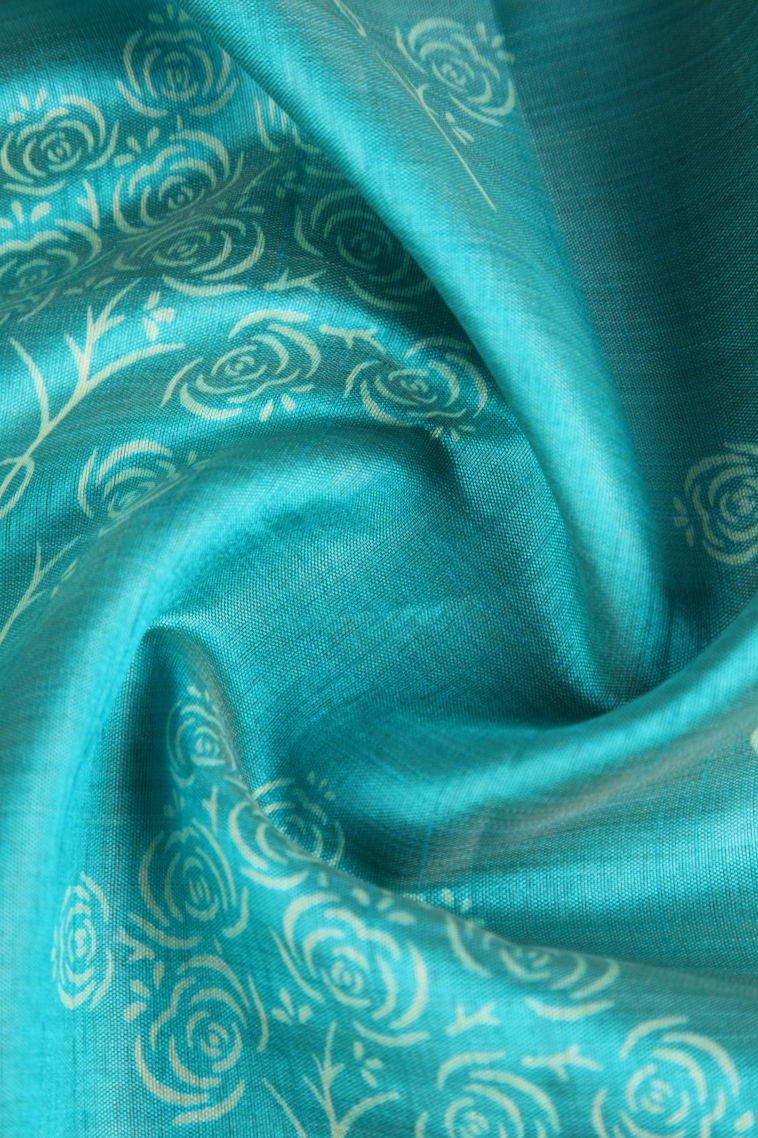 Teal Blue Semi Raw Silk Printed Gold Zari with Floral Patterns view 4