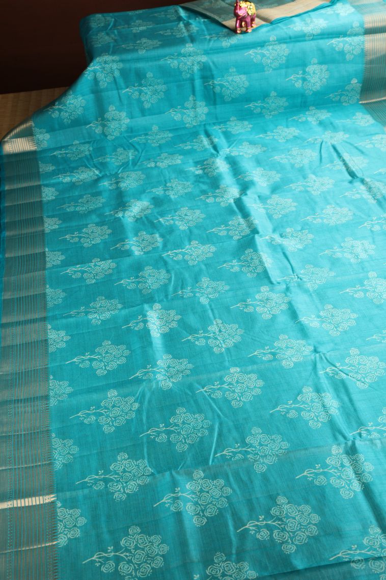 Teal Blue Semi Raw Silk Printed Gold Zari with Floral Patterns view 2