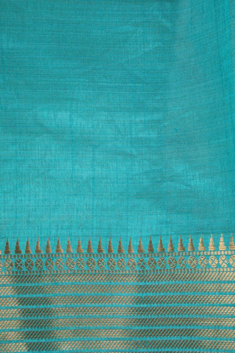 Teal Blue Semi Raw Silk Printed Gold Zari with Floral Patterns view 3