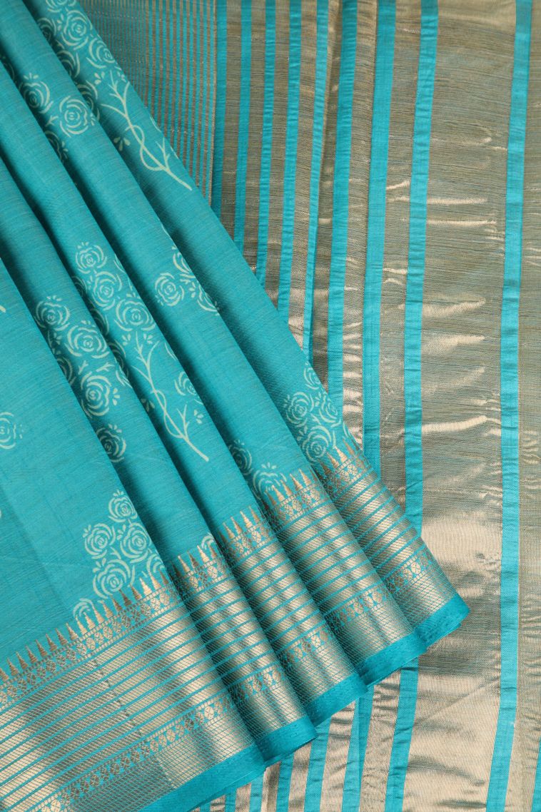 Teal Blue Semi Raw Silk Printed Gold Zari with Floral Patterns