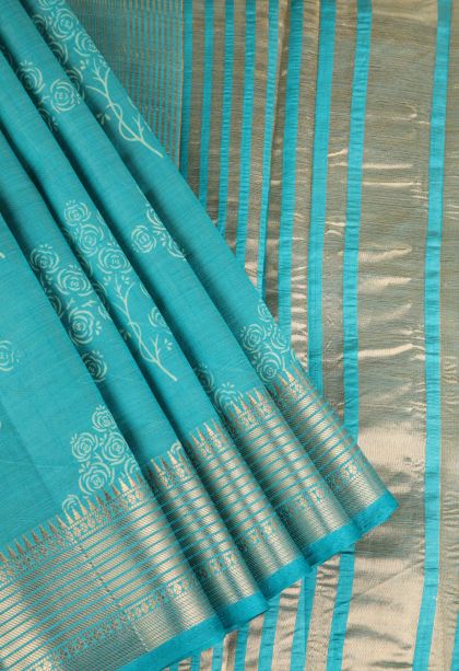Teal Blue Semi Raw Silk Printed Gold Zari with Floral Patterns