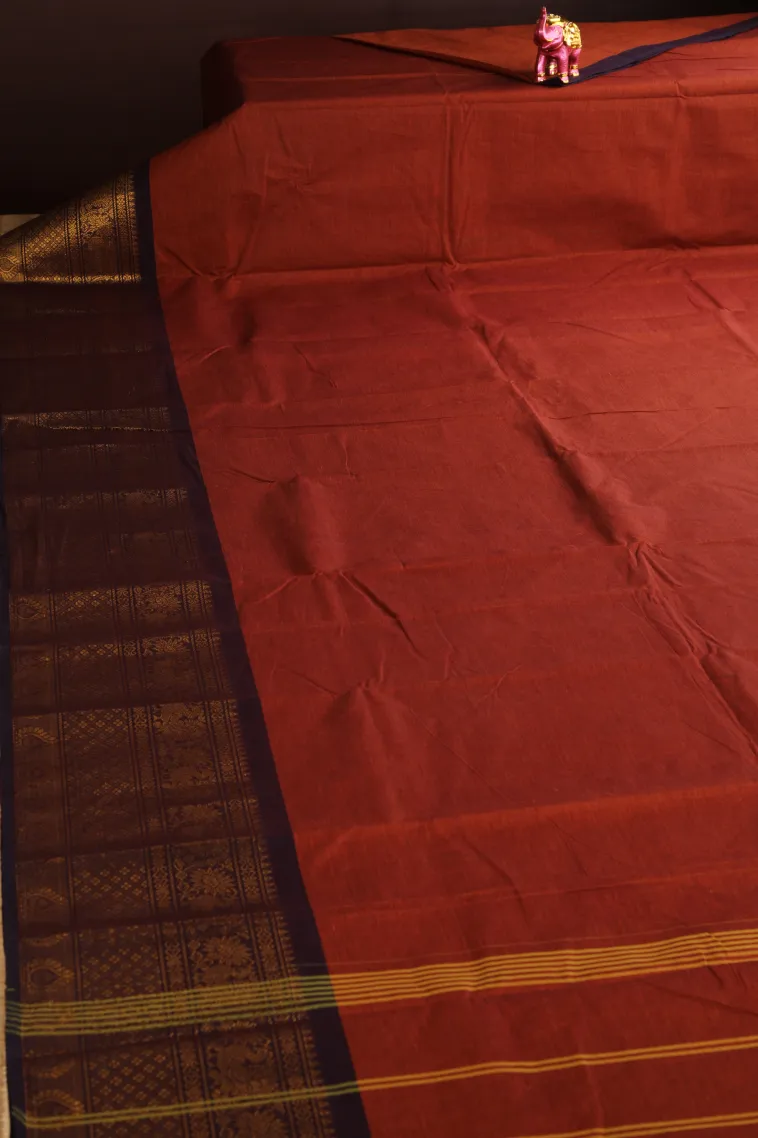 Amber Orange Chettinad Cotton Sarees with Gold Zari Plain view 2