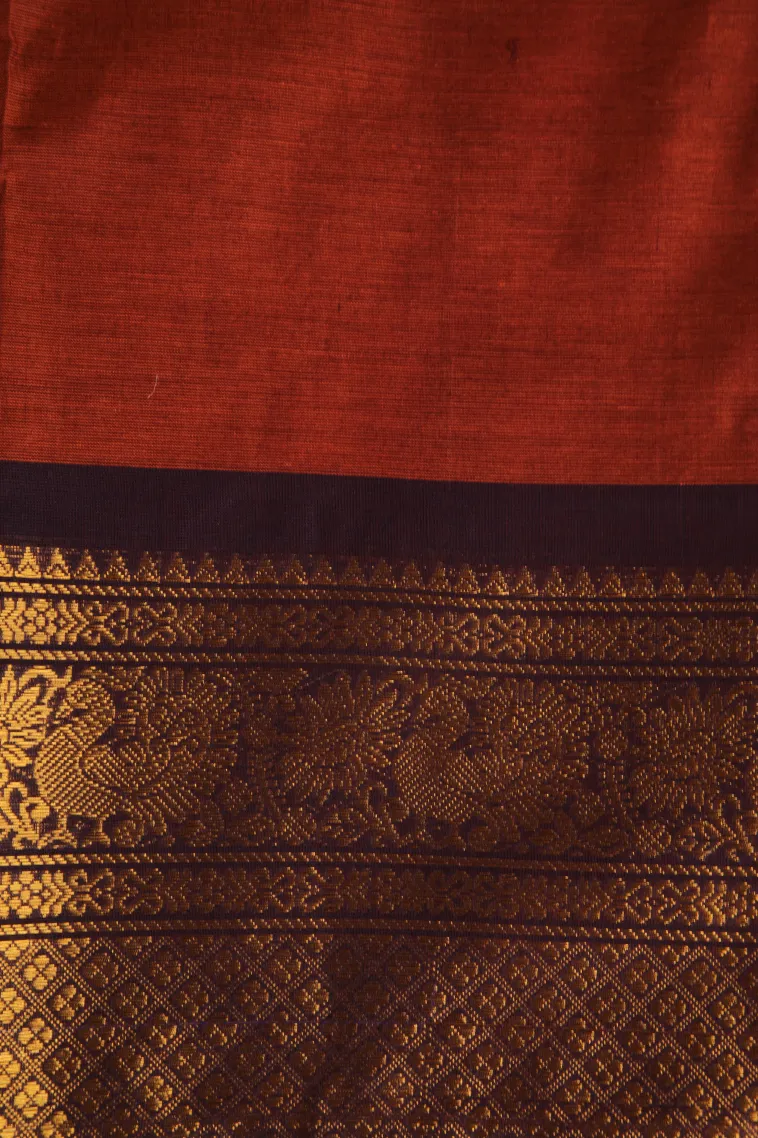 Amber Orange Chettinad Cotton Sarees with Gold Zari Plain view 3