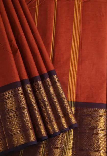 Amber Orange Chettinad Cotton Sarees with Gold Zari Plain