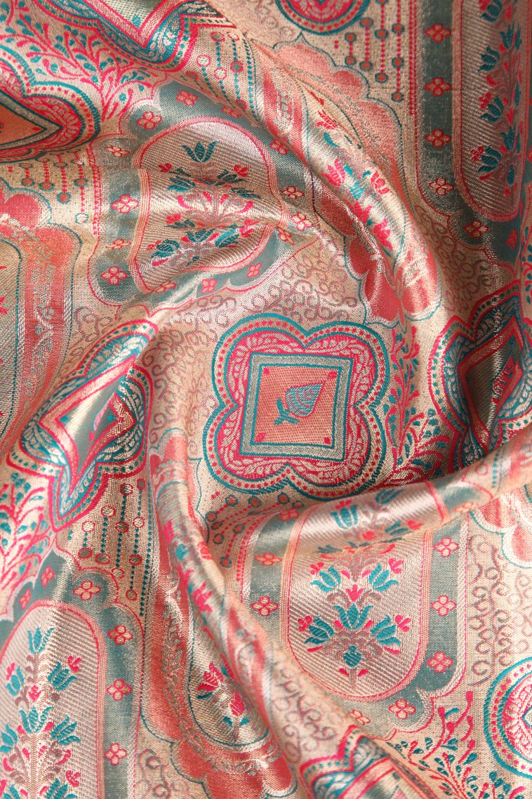 Salmon Pink Apoorva Silk Sarees Gold Zari with Floral Patterns view 4