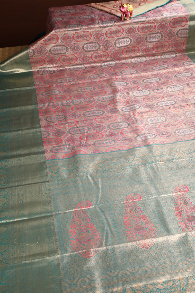 Salmon Pink Apoorva Silk Sarees Gold Zari with Floral Patterns view 2